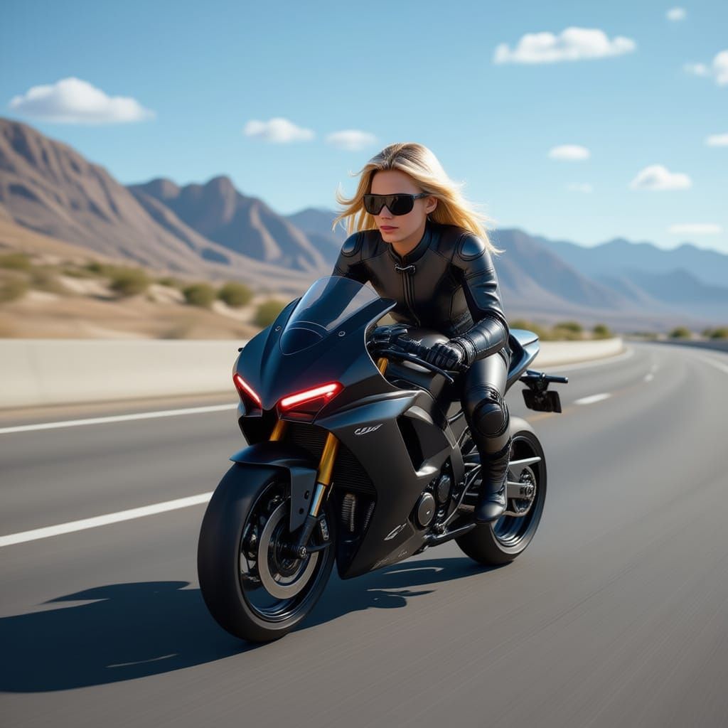 Woman on Futuristic Motorcycle Racing Down Highway