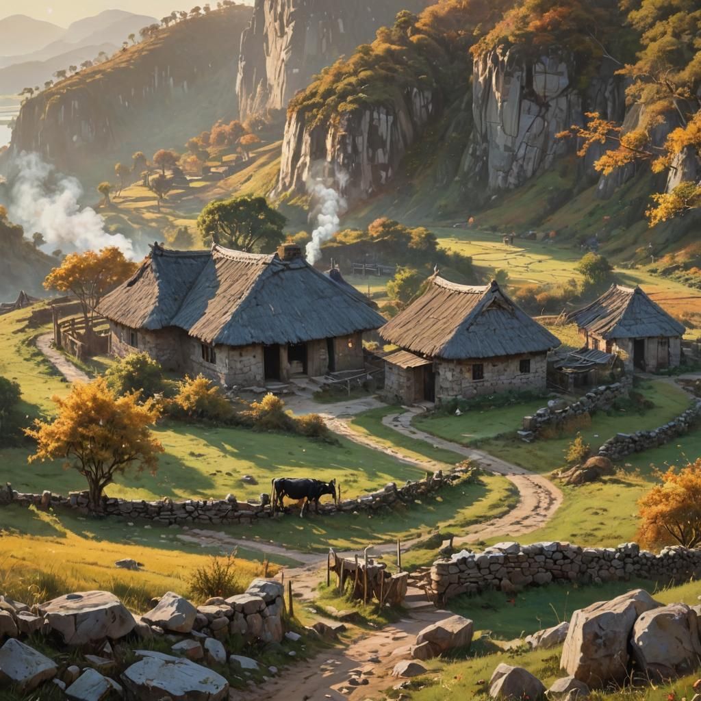 Hyper-Realistic Rural Settlement in Autumn Landscape
