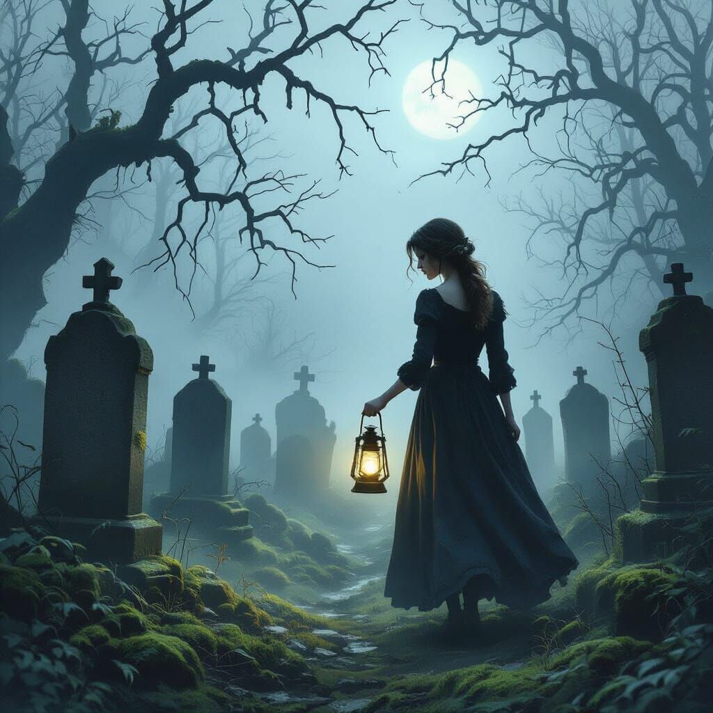 Melancholic Woman Searches Foggy Cemetery by Lantern Light