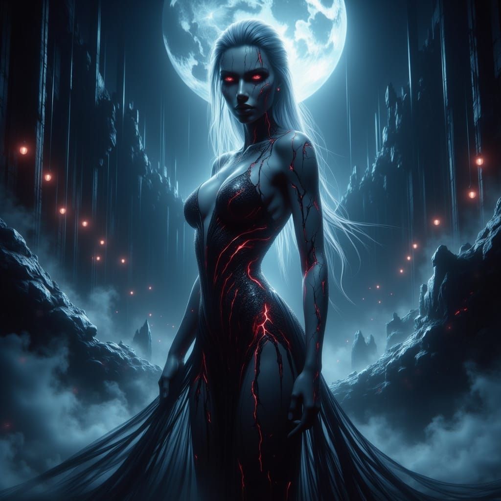 Vampire Lady in Glittering Dress on Moonscape