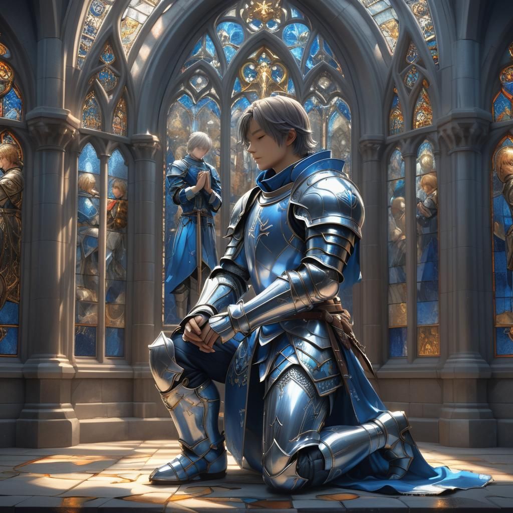 Knight in Prayer Before Stained Glass: 3D Anime Art