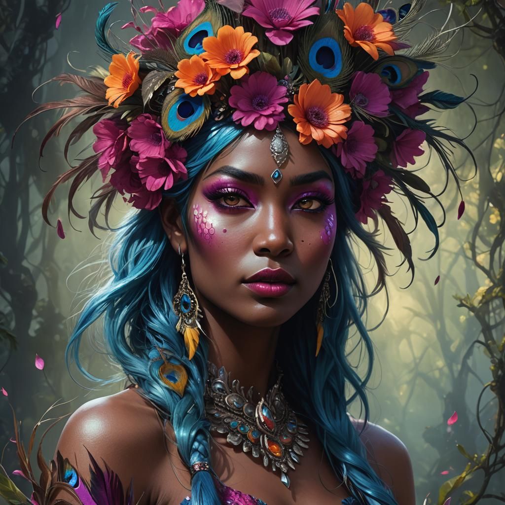 Peacock Woman: Dark Fantasy Portrait in Digital Art Style