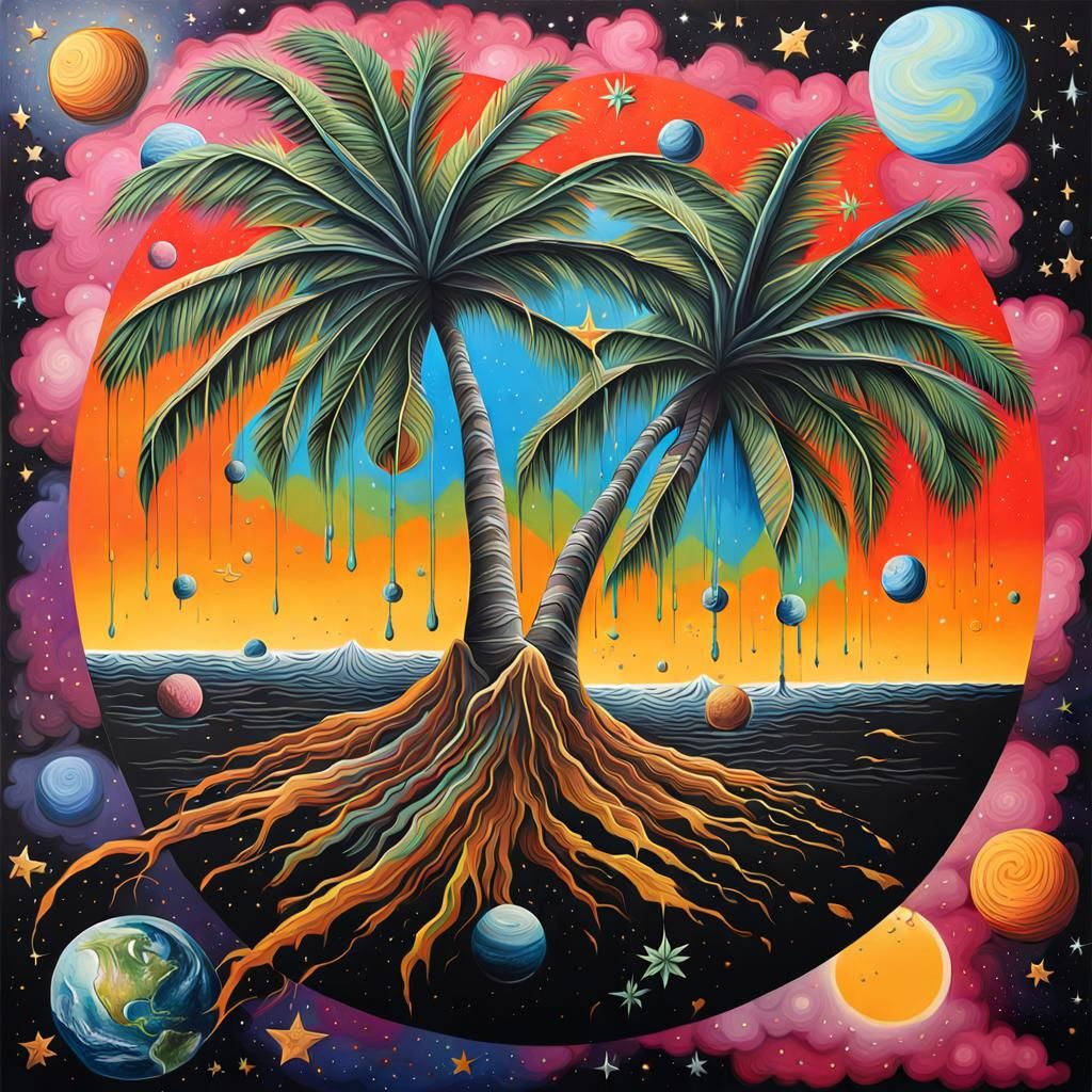 Surreal Space Palm Tree: Graffiti Art