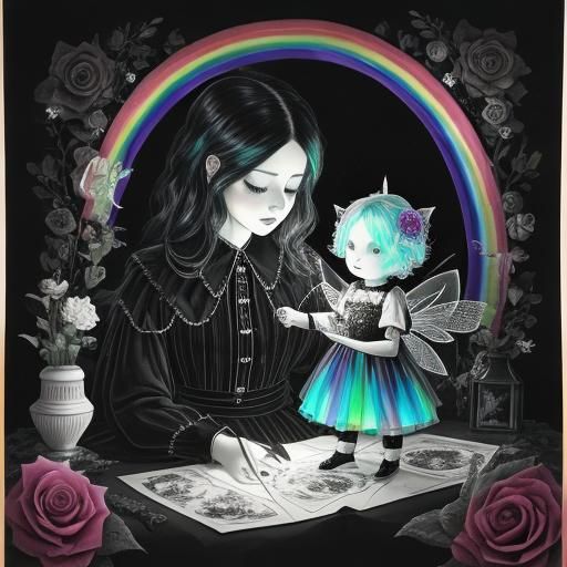 Surreal Crayon Drawing: Goth Mother and Child