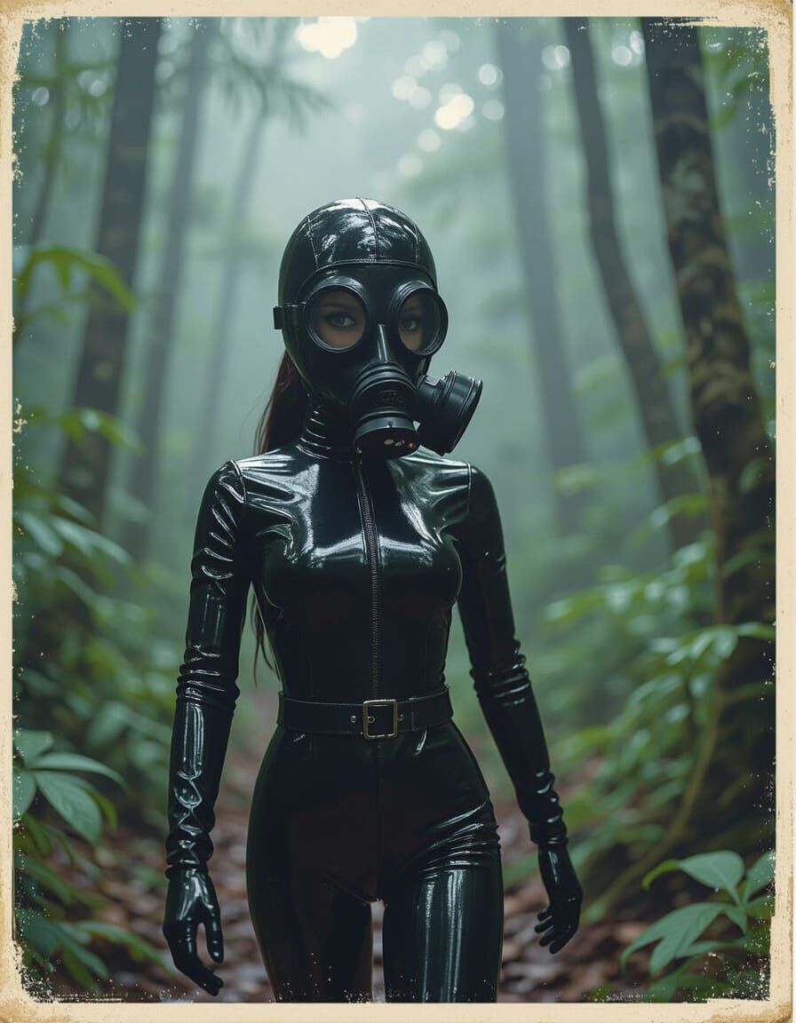 Doll in Gasmask Wanders Rainforest: Cinematic Style