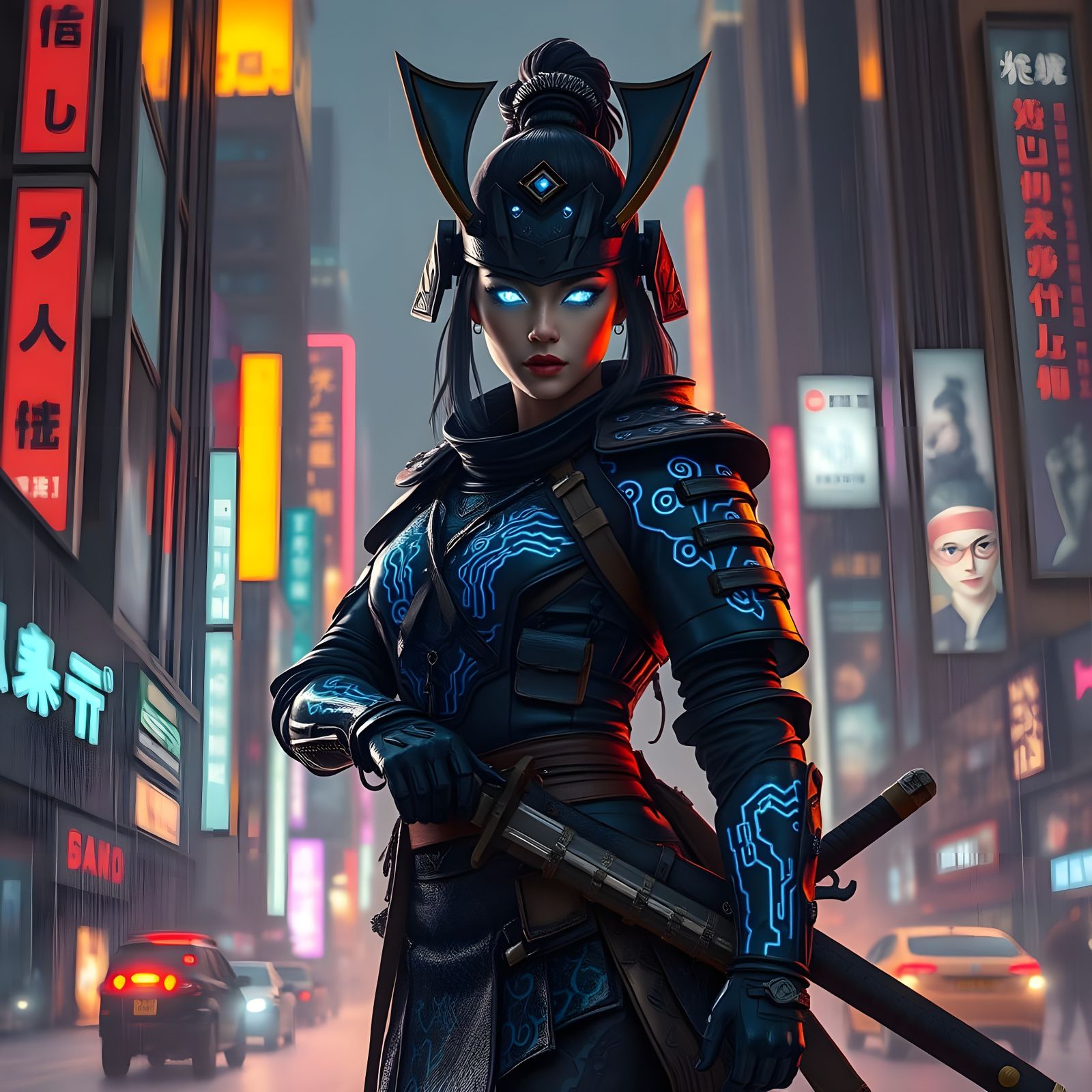 Glowing Cyberpunk Samurai in Neon Cityscape