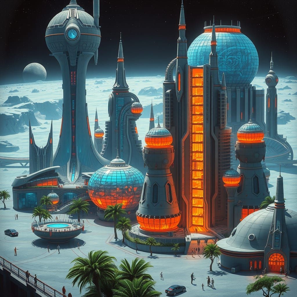 Futuristic Lunar Cityscape in Retro-Futuristic Style