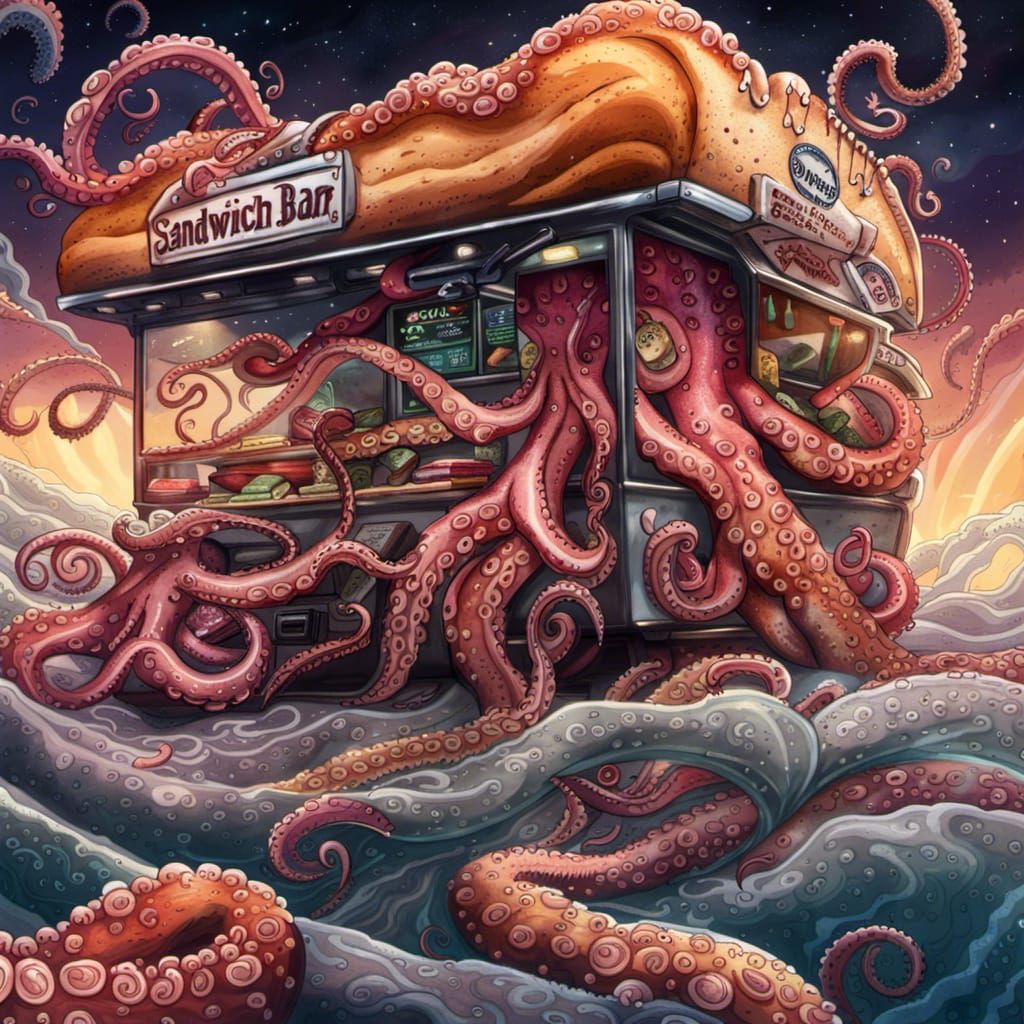 Space Food Truck: Octopus Tentacle Sandwich, Digital Art