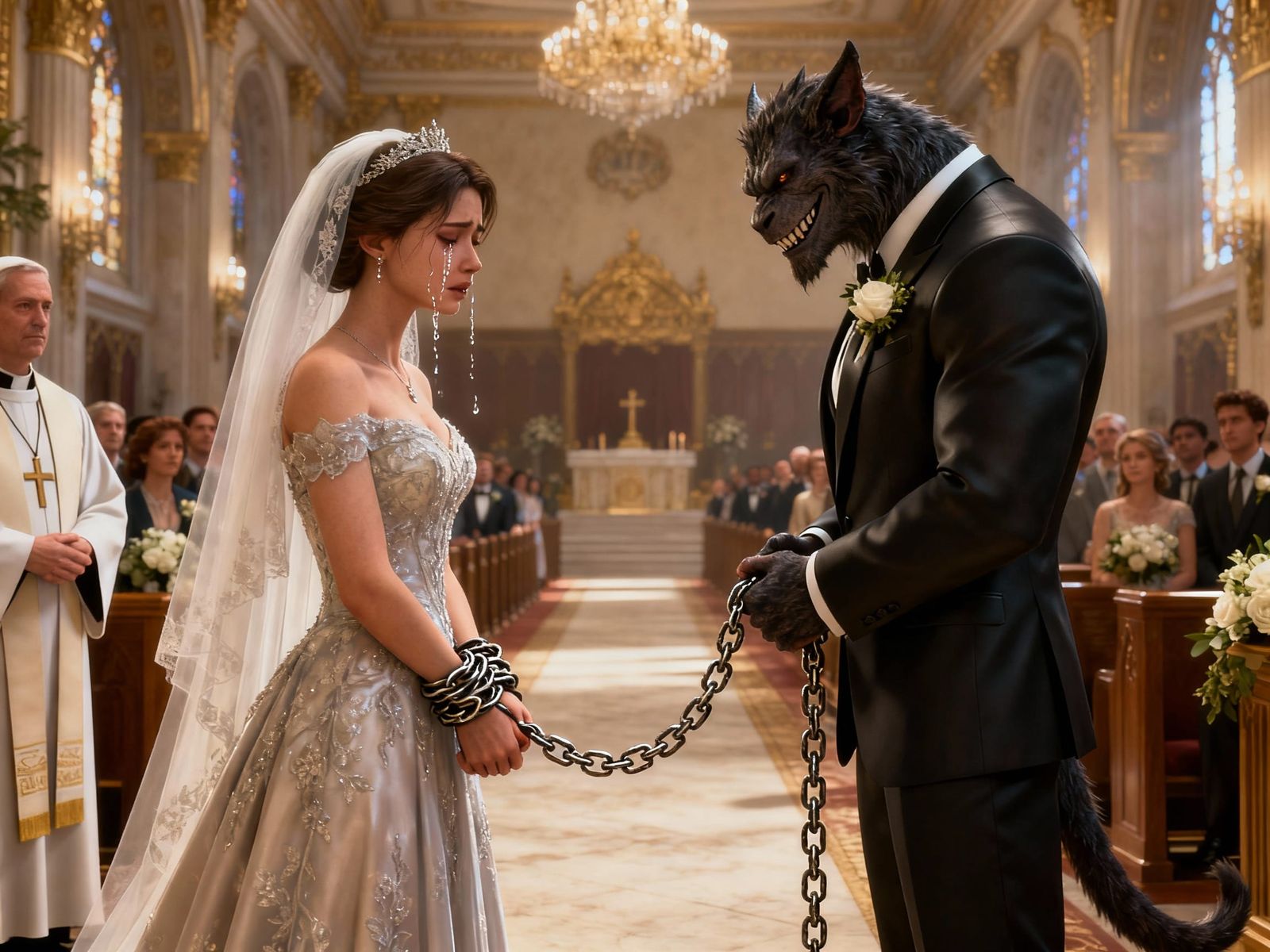 Chained Bride at Altar with Beast in 3D Render