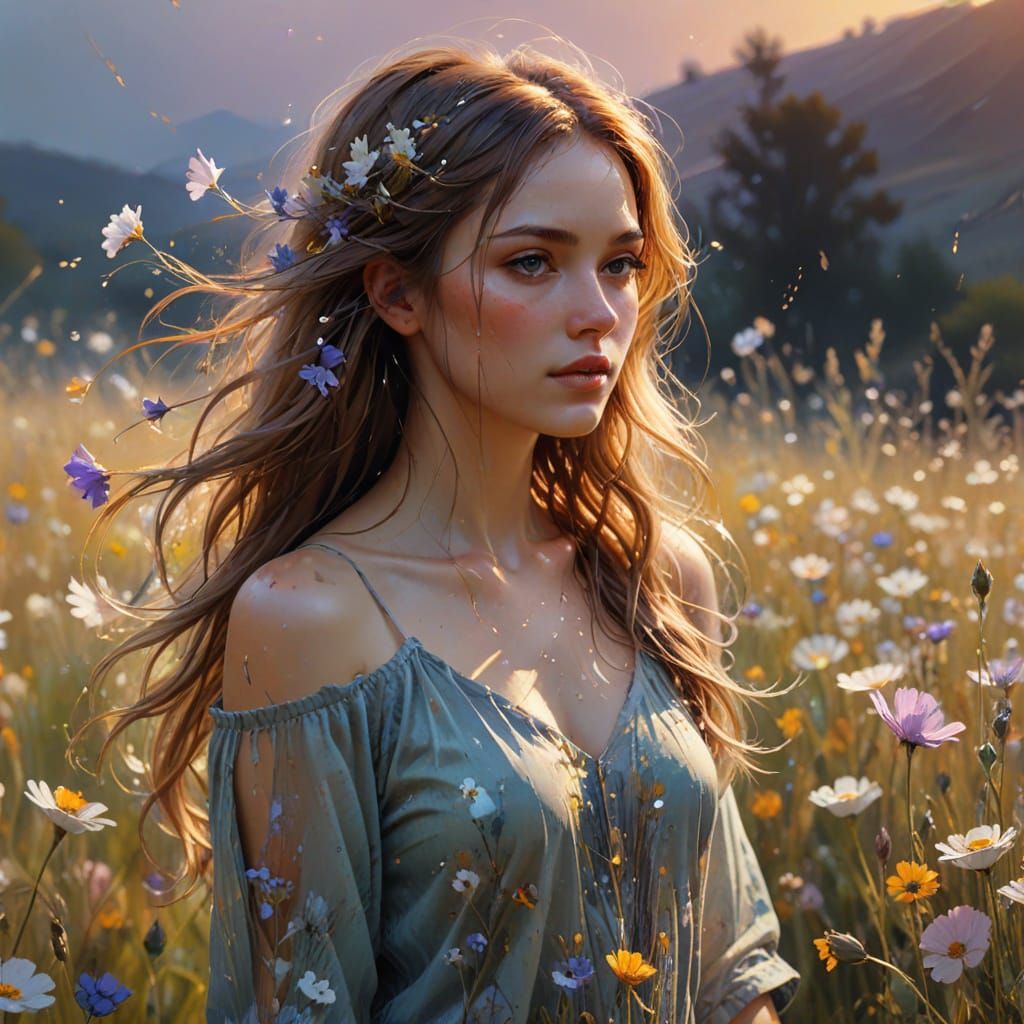 Ethereal Girl in Flower Field, Watercolor Splash Art