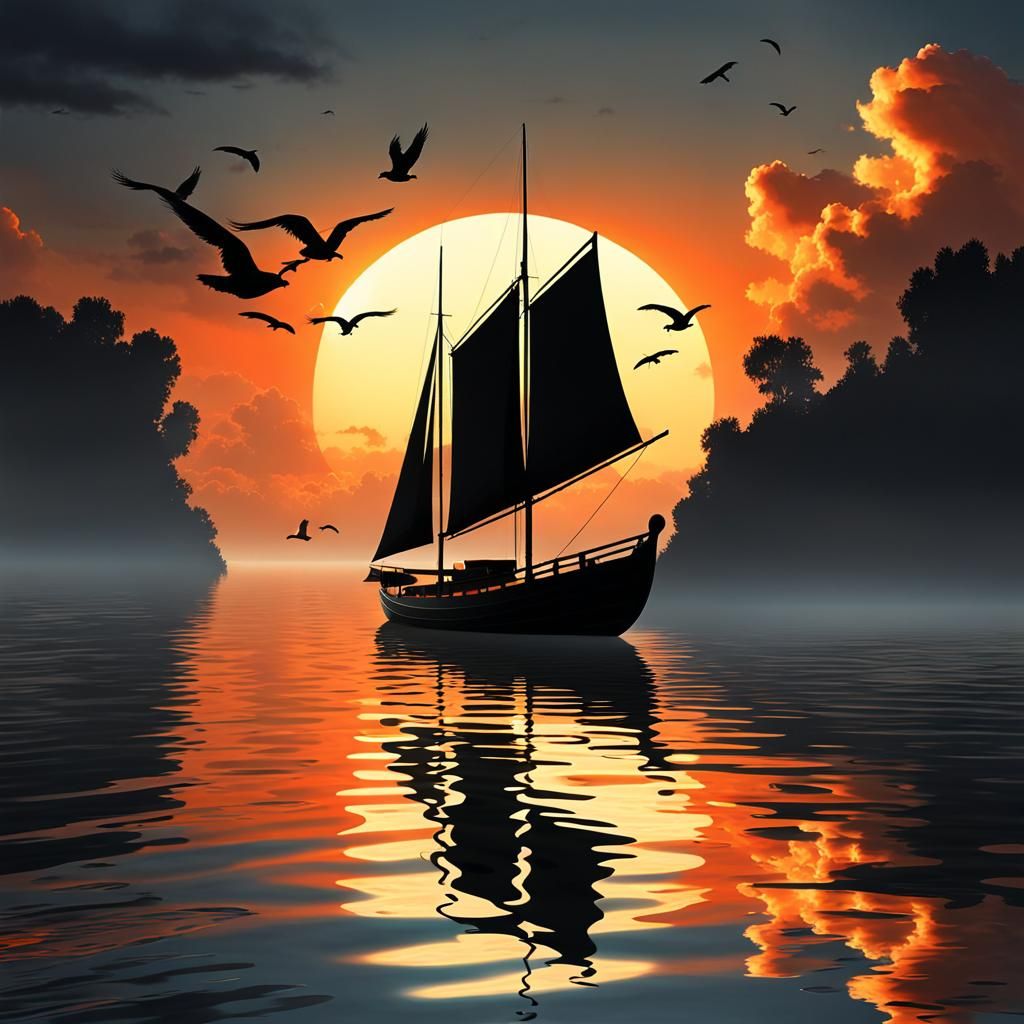 Orange Sunrise Over Lake: Surreal Digital Art