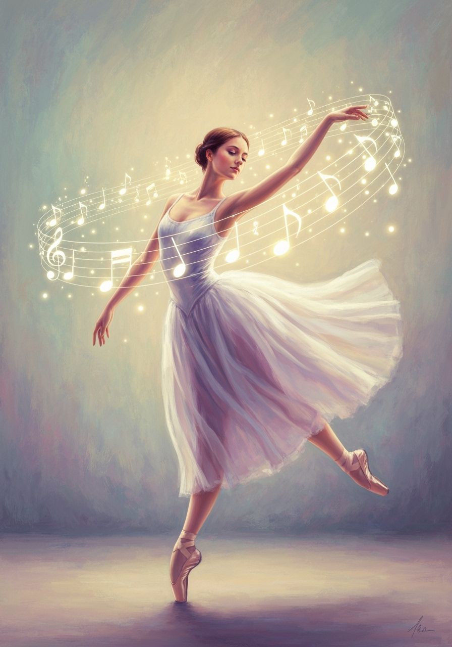 Ballerina Dancing Amidst Glowing Musical Notes