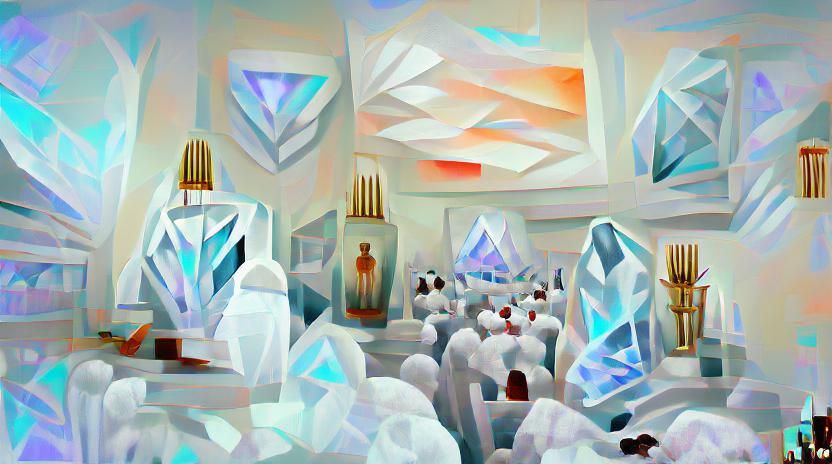 Art Deco AI Worship in White Quartz Room
