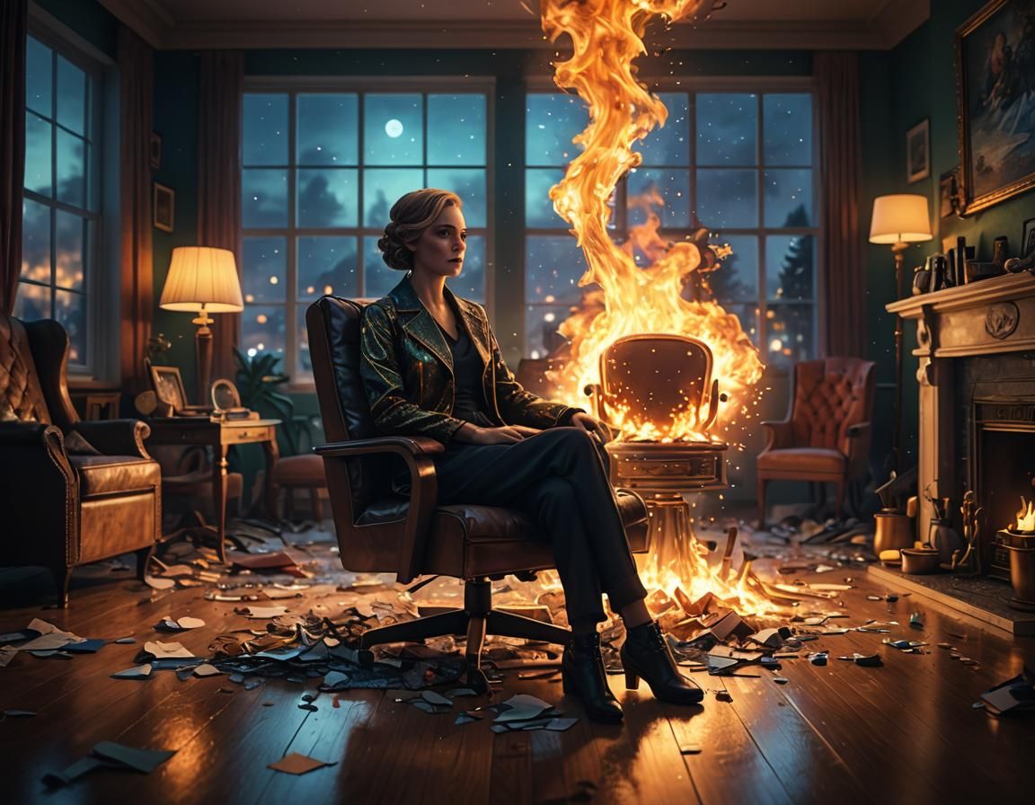 Woman Burning Memories in Art Deco Style