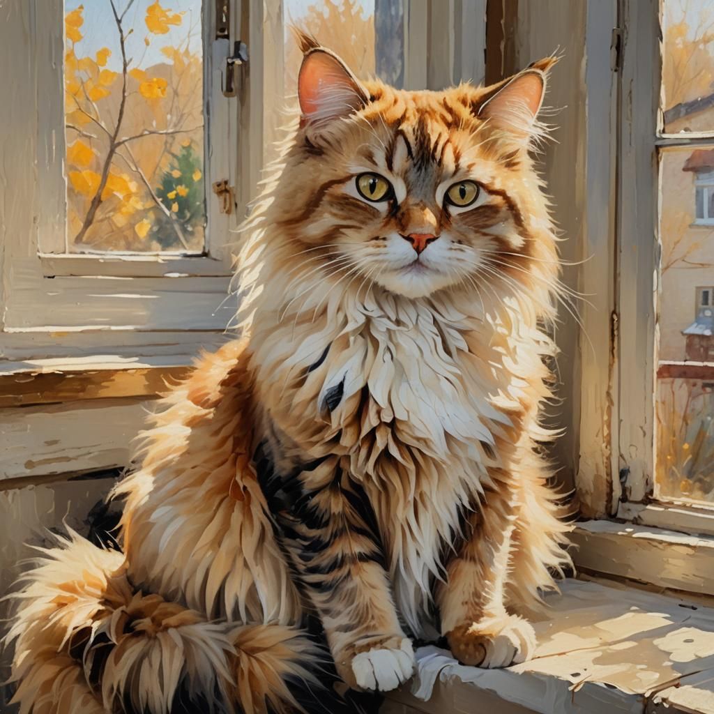 Impressionist Painting of a Fluffy Cat on Windowsill