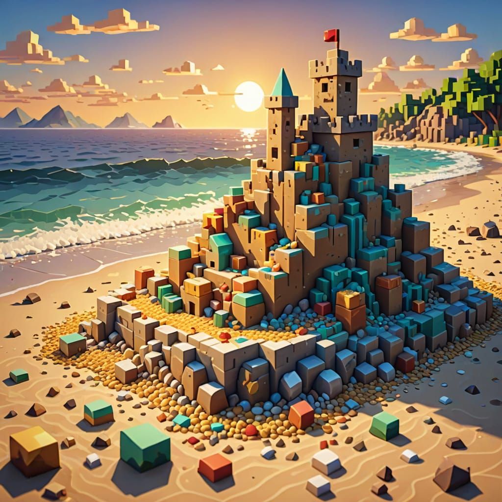Minecraft Character Builds Sandcastle in Blocky Pixel Art