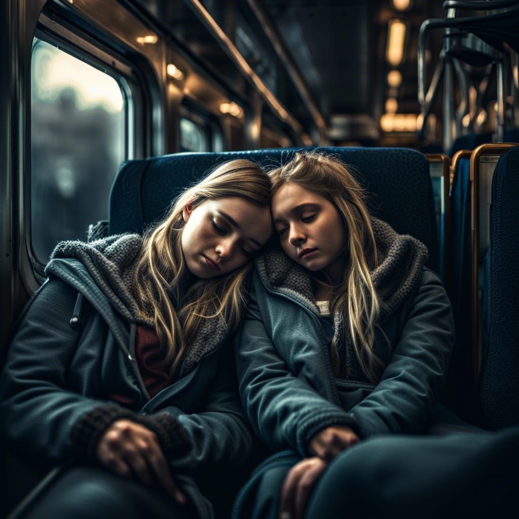Tired Girls Cuddling on a Train