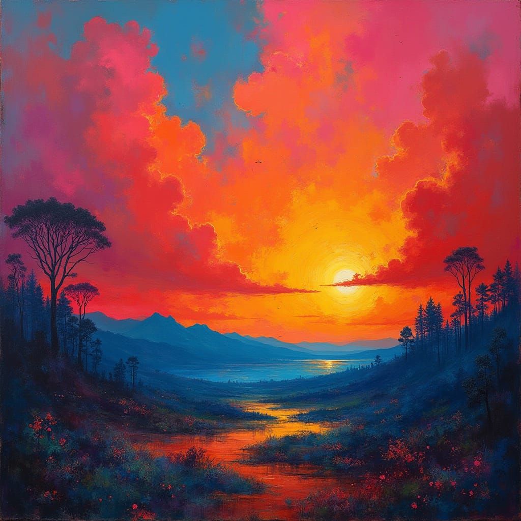 Vibrant Dreamlike Landscape with Clashing Colors