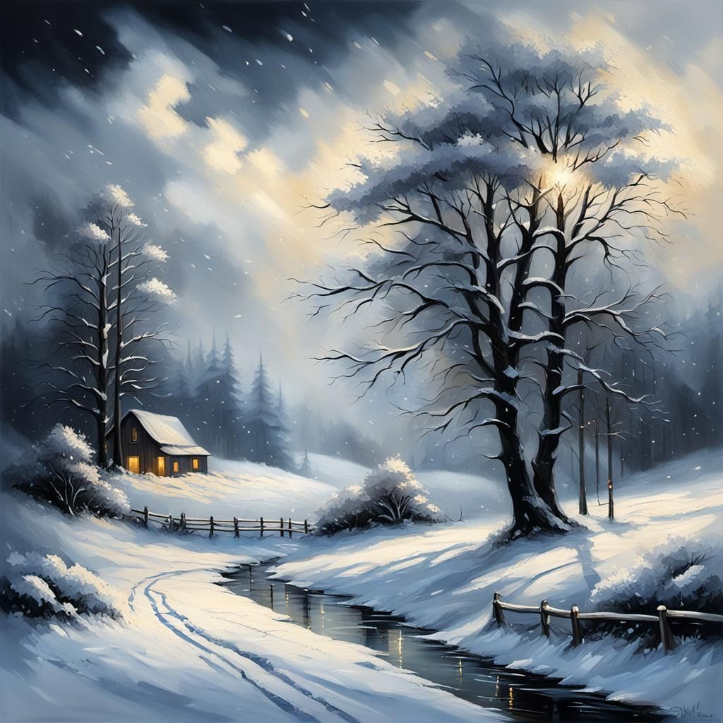 Snowy Country Village Oil Painting with Mist