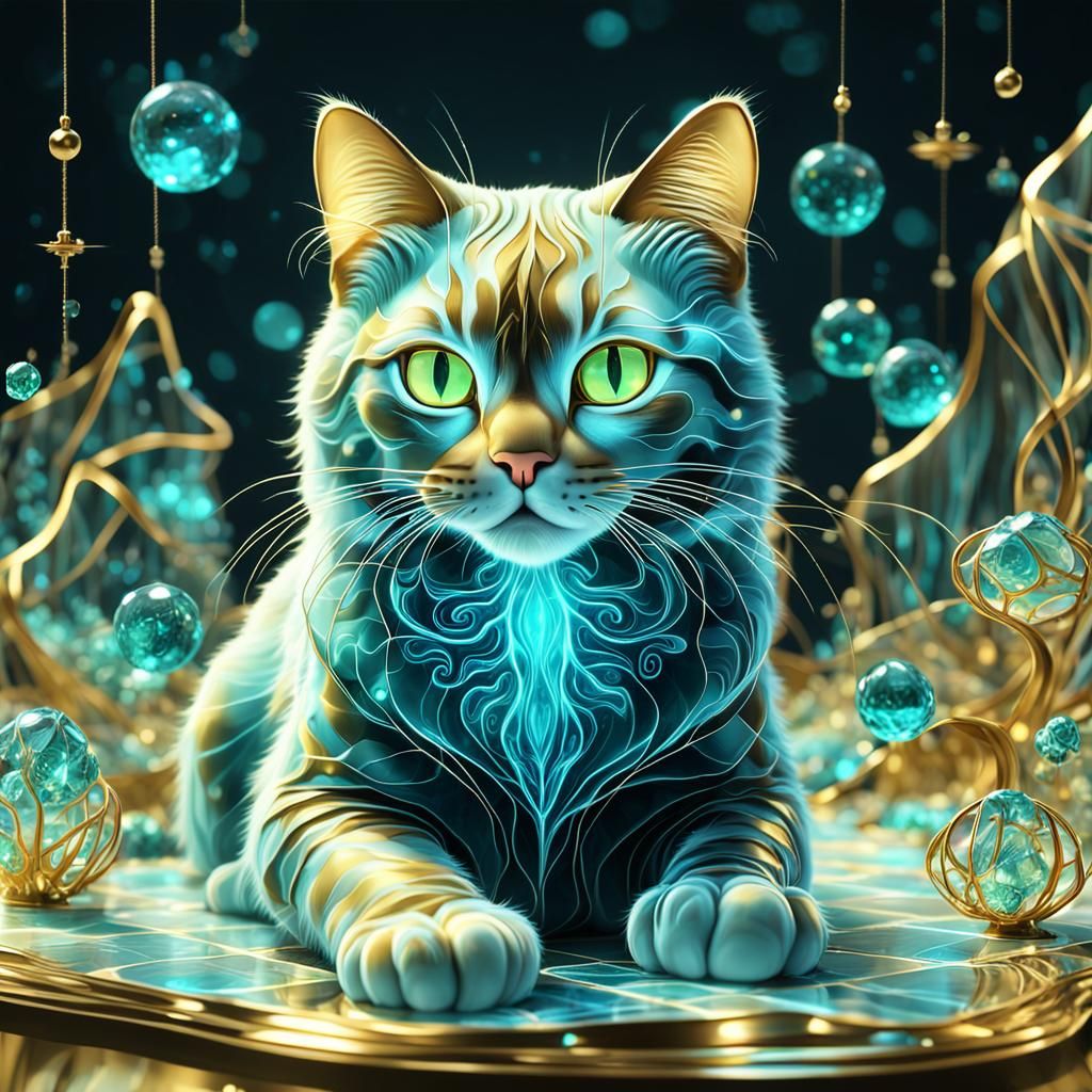 Bioluminescent Crystal Cat on Plaid Sheets