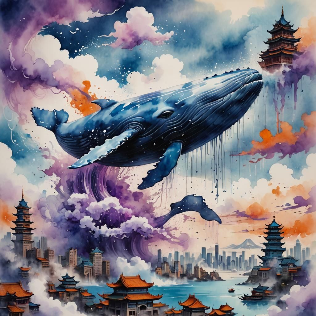 Chinese ink painting style, splash paint, mega whale in the clouds with a city on its back
