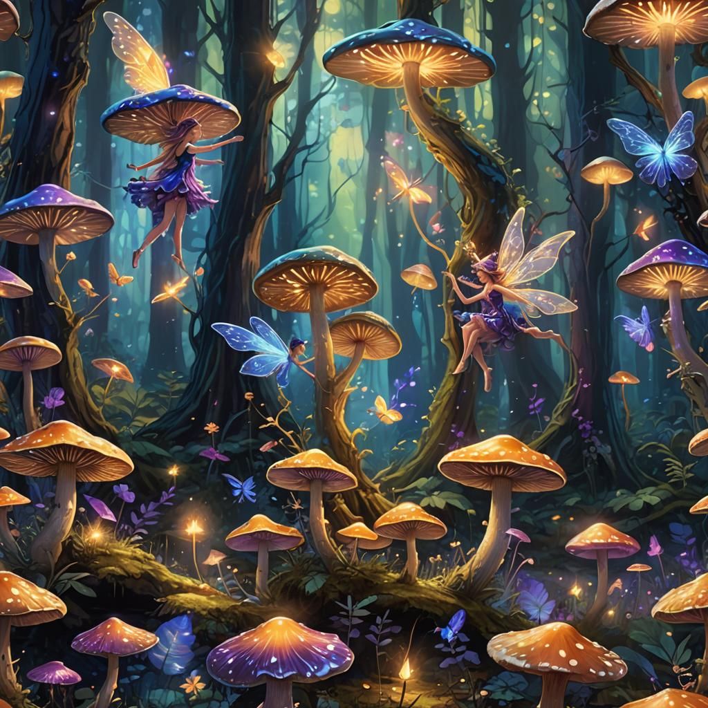 Fairies Dancing Around Mushroom in Enchanted Forest