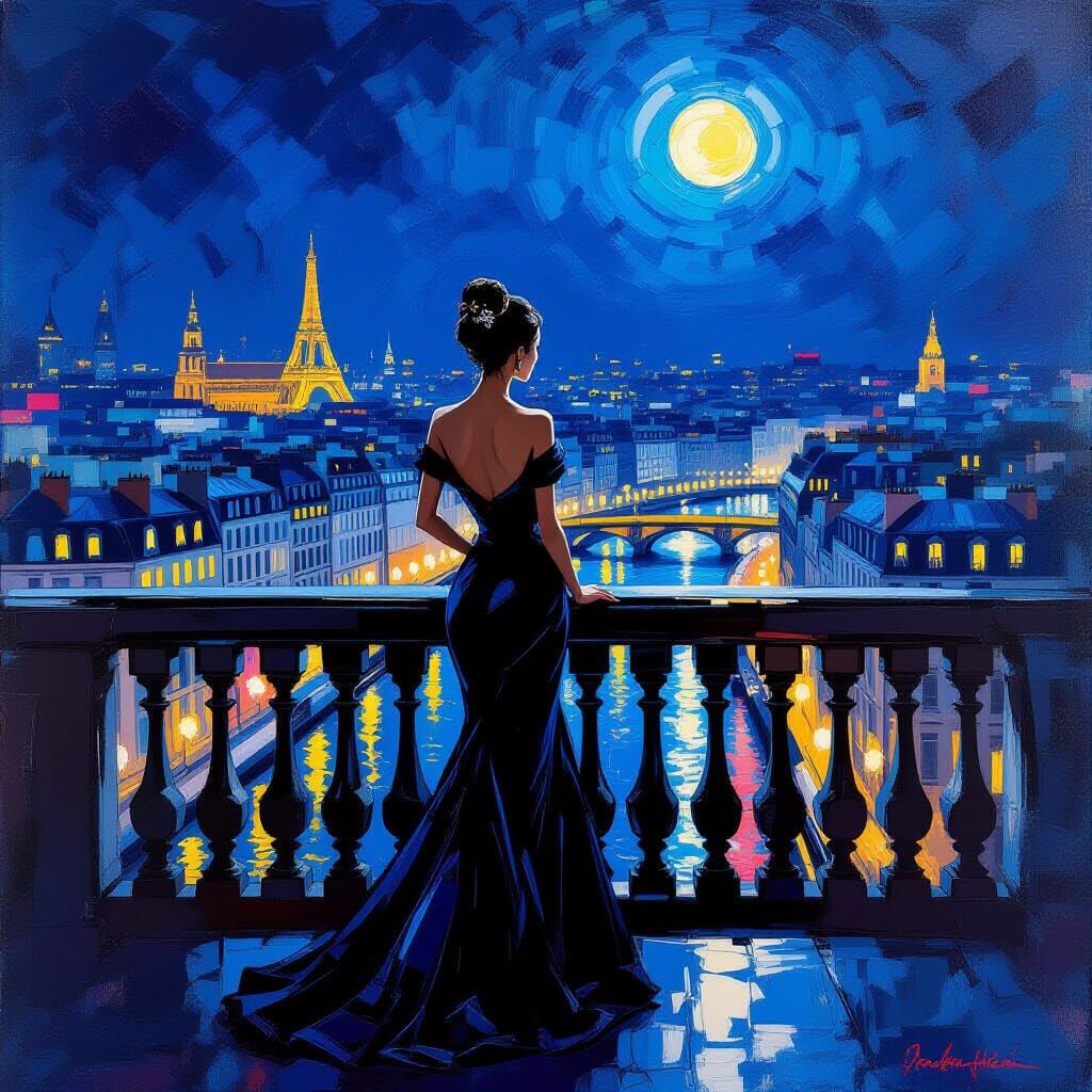 Woman on Parisian Balcony at Night
