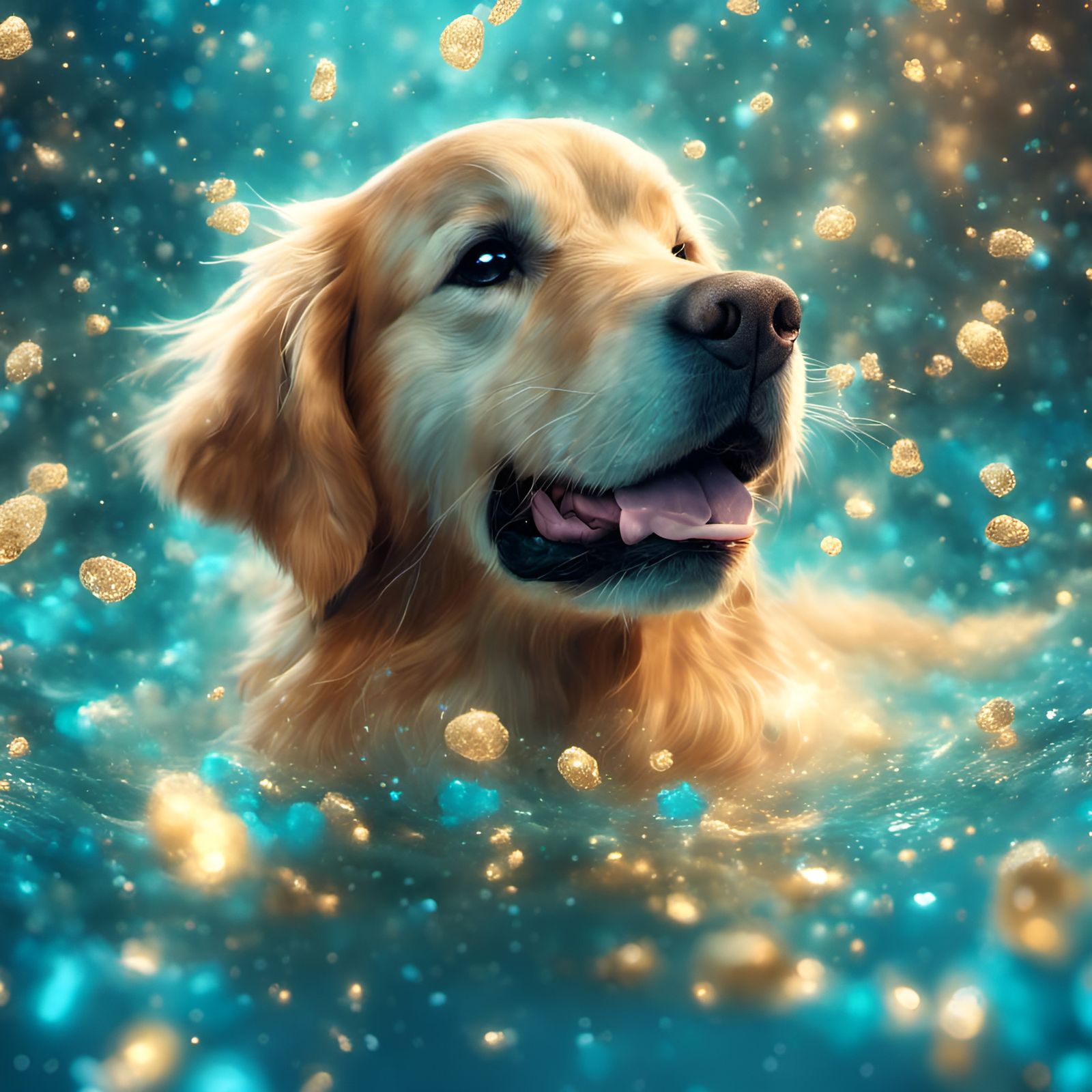 Adorable Golden Retriever in Sparkling Turquoise Light