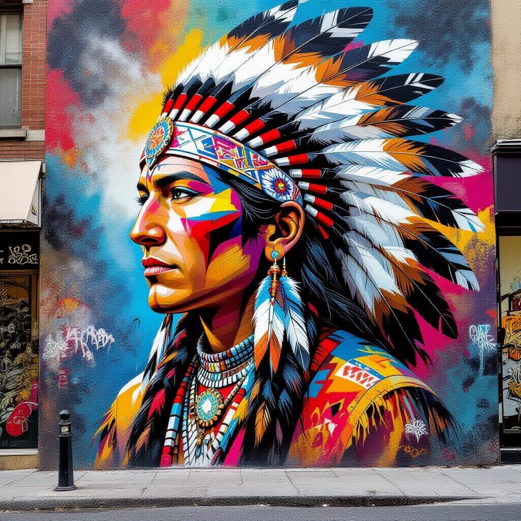 Native American Mural in Vibrant Graffiti Airbrush Style