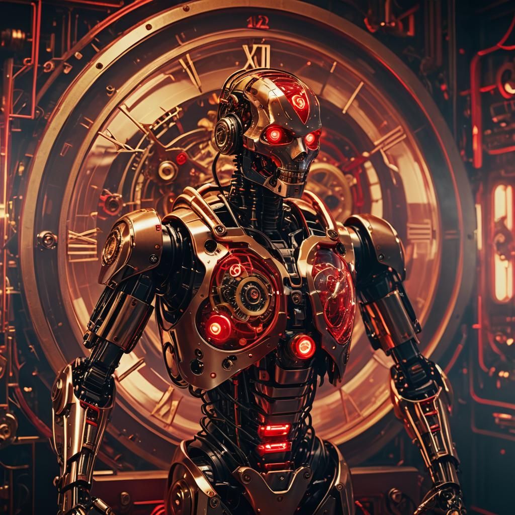 AI Robot in Clock Room: Photorealistic Film Still