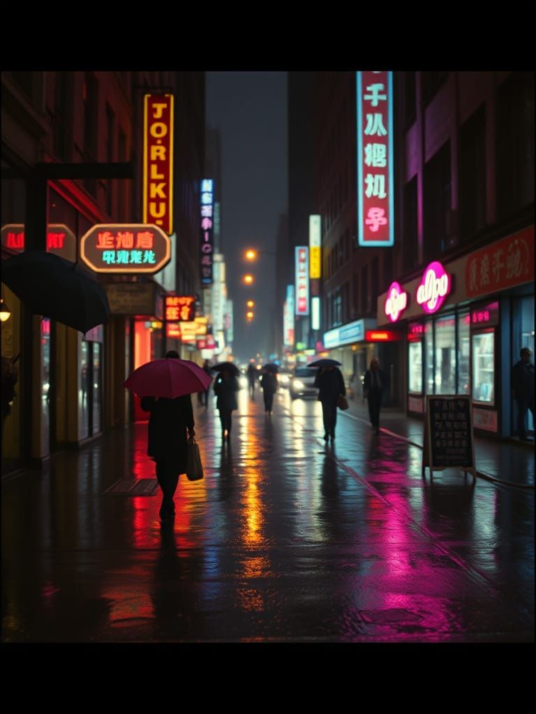 Rainy City Street in Moody Cinematic Film Style