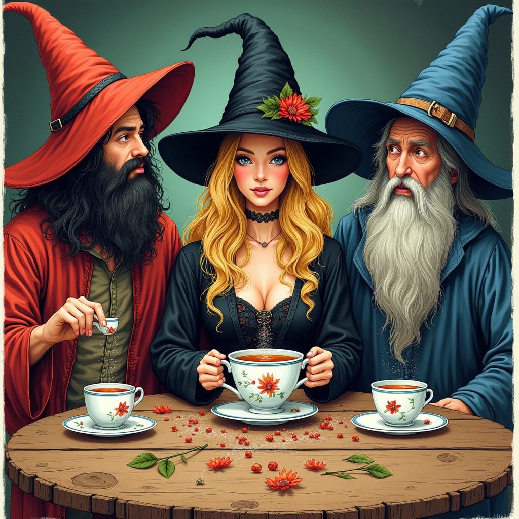 Artistic poster for ”Magical Tea Shop” showing a blonde Witc...