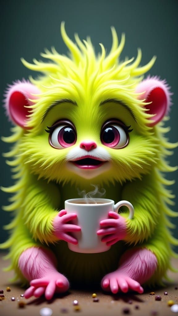 Fuzzy Creature Enjoys Morning Coffee in Cartoon Style