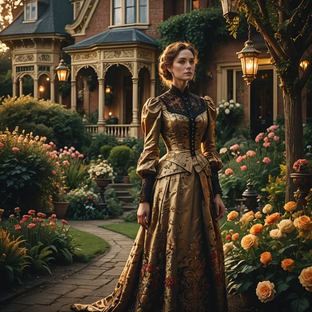 Victorian Lady in Opulent Garden: Cinematic Film Still
