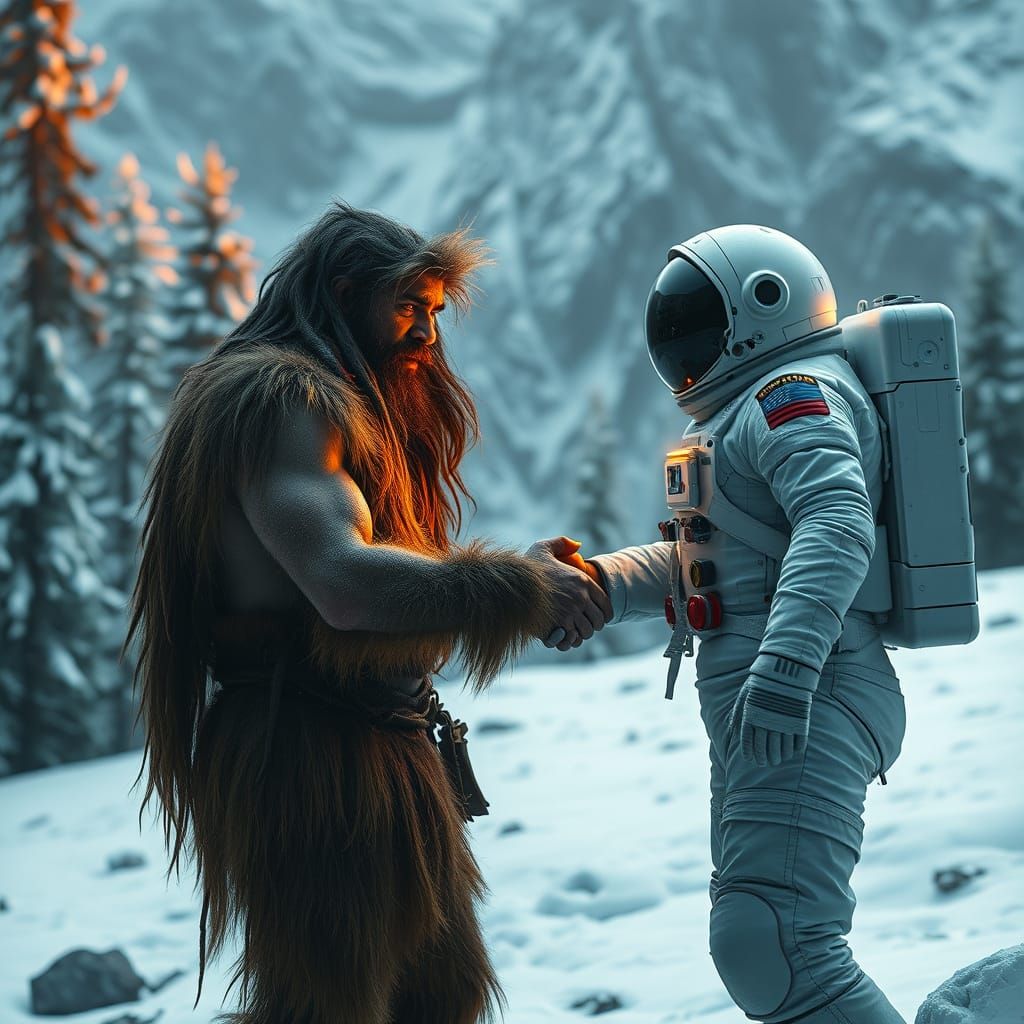 Caveman Meets Astronaut in Sci-Fi Nature Scene