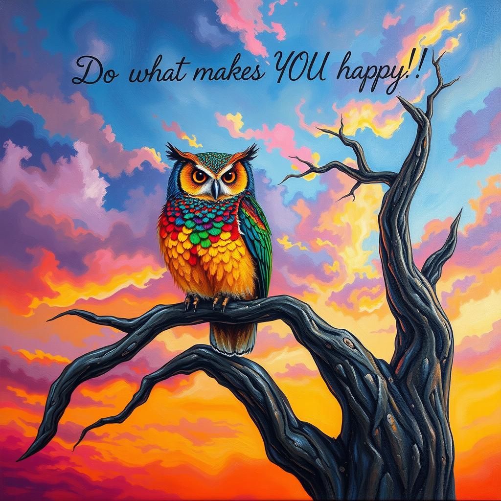 Rainbow Owl in Kaleidoscopic Sky, Gurney Style