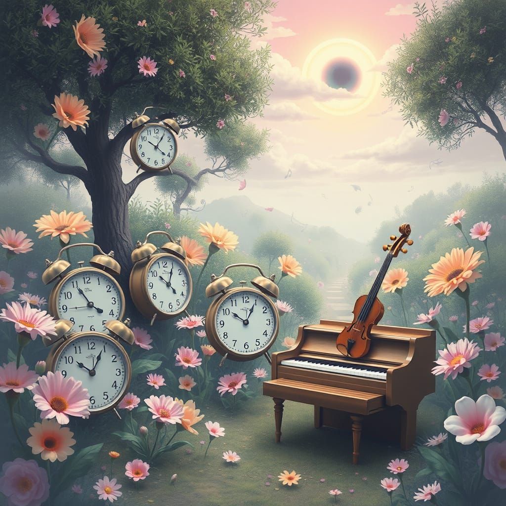 Surreal Garden with Blooming Clocks in Pastel Tones