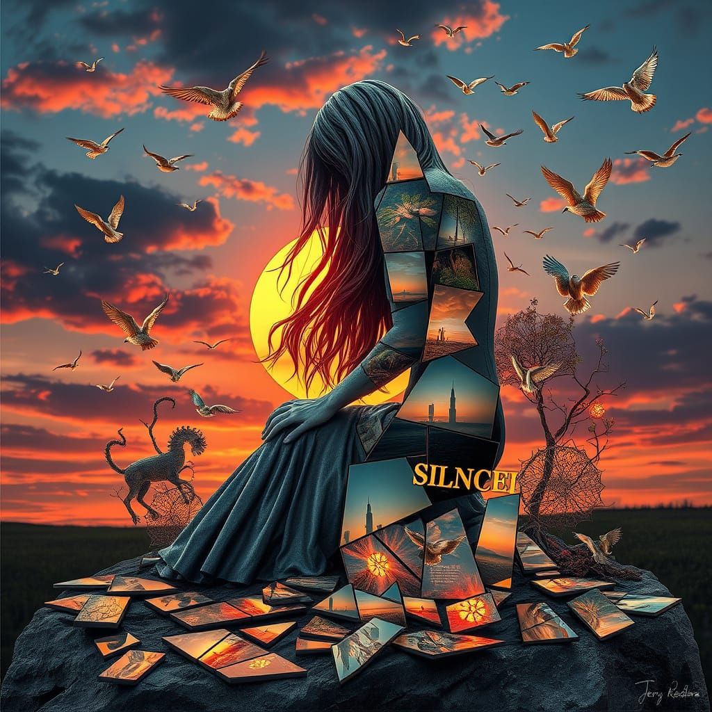 Surreal Sculpture: Woman at Sunset with Cracked Mirrors