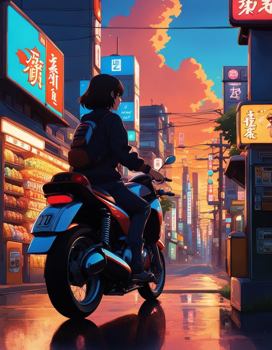 Ghibli-Inspired Anime Motorcycle Rider at Sunset