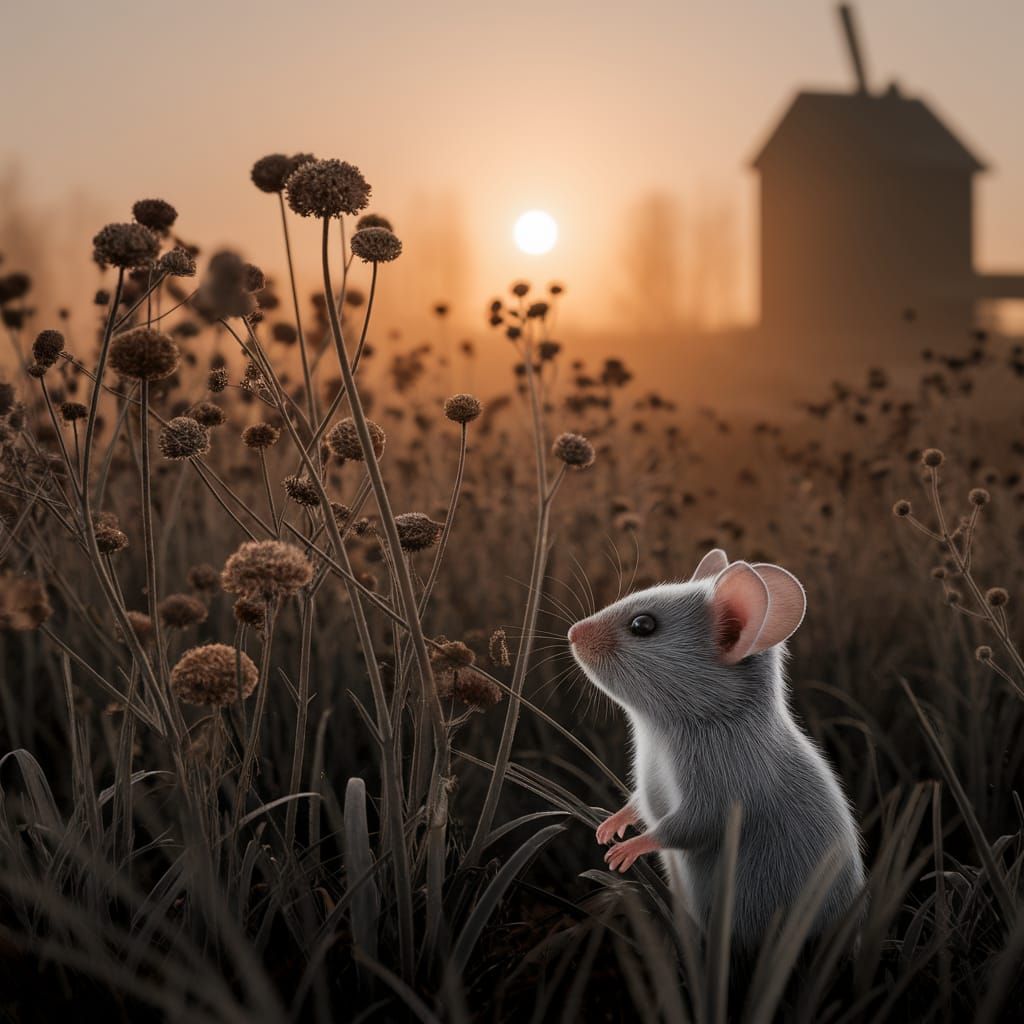 Vole Mouse Watches Sunset in Foggy Field