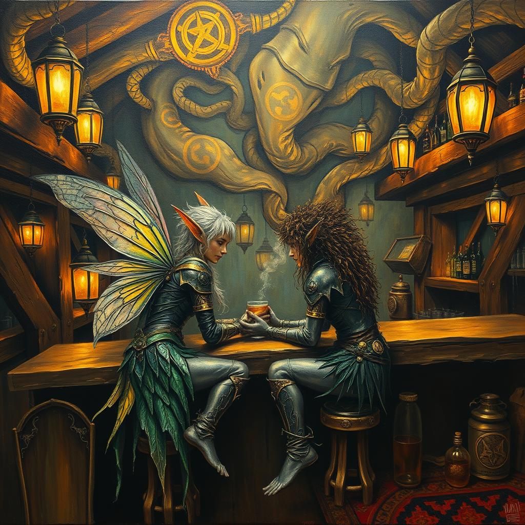 Fairy Elves Converse in Mystical Tavern, Impasto Style