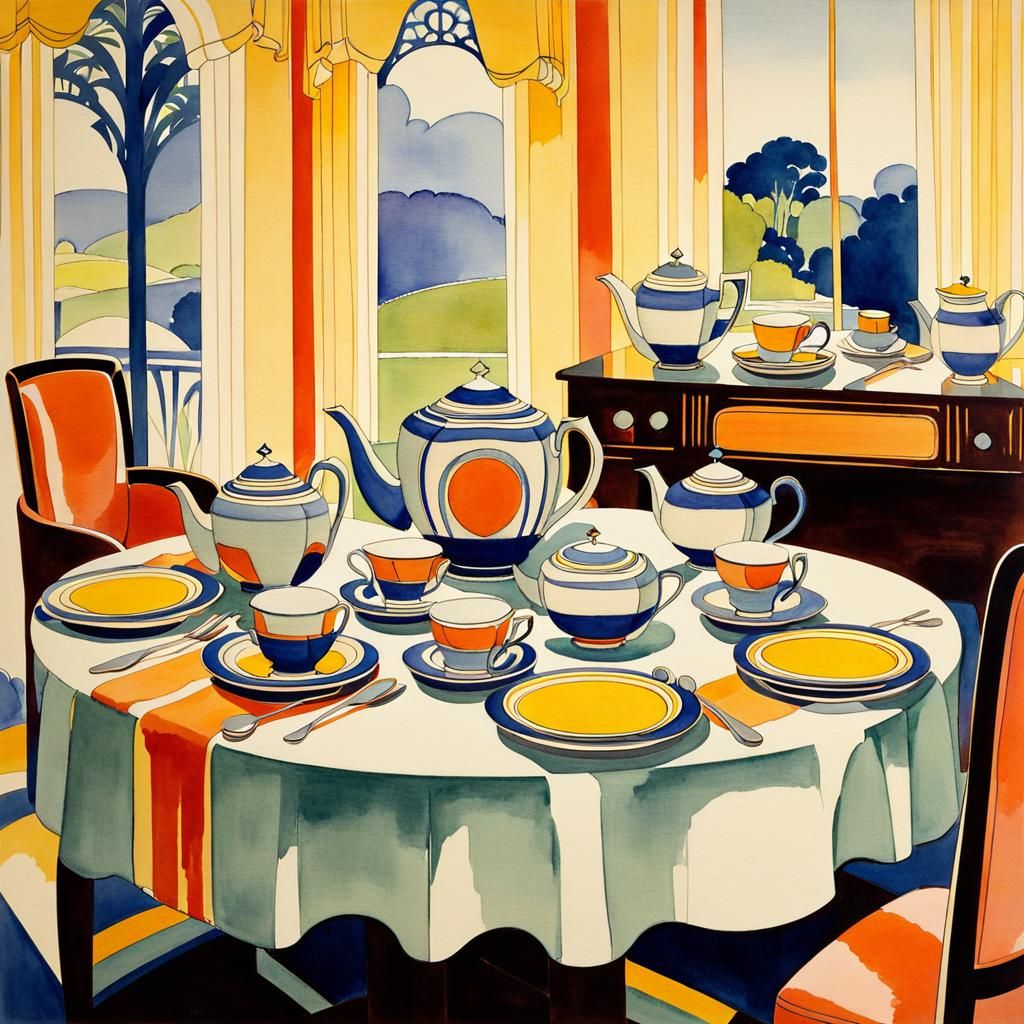Art Deco Tea Set Watercolour Painting