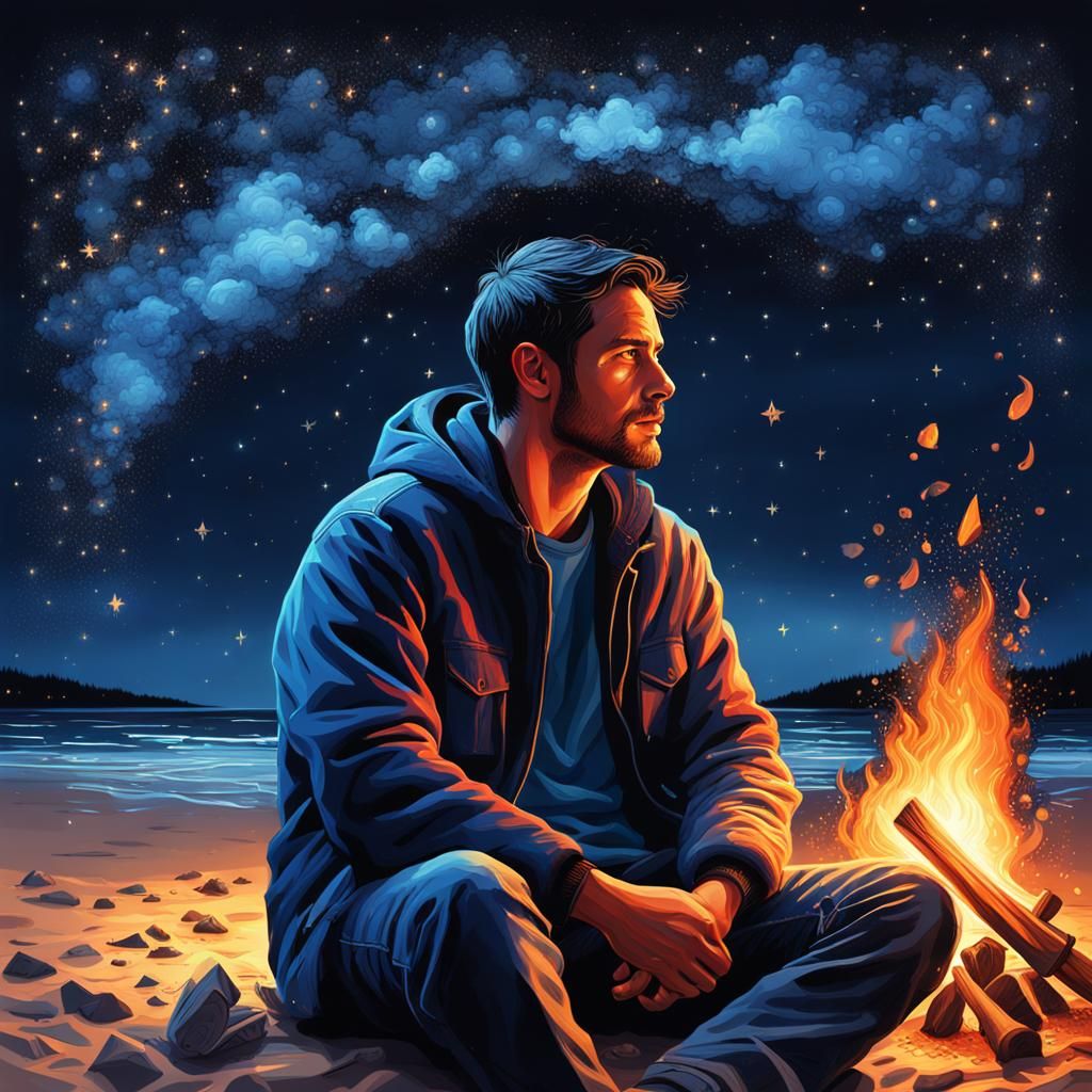 Night Beach Campfire Under Starry Sky