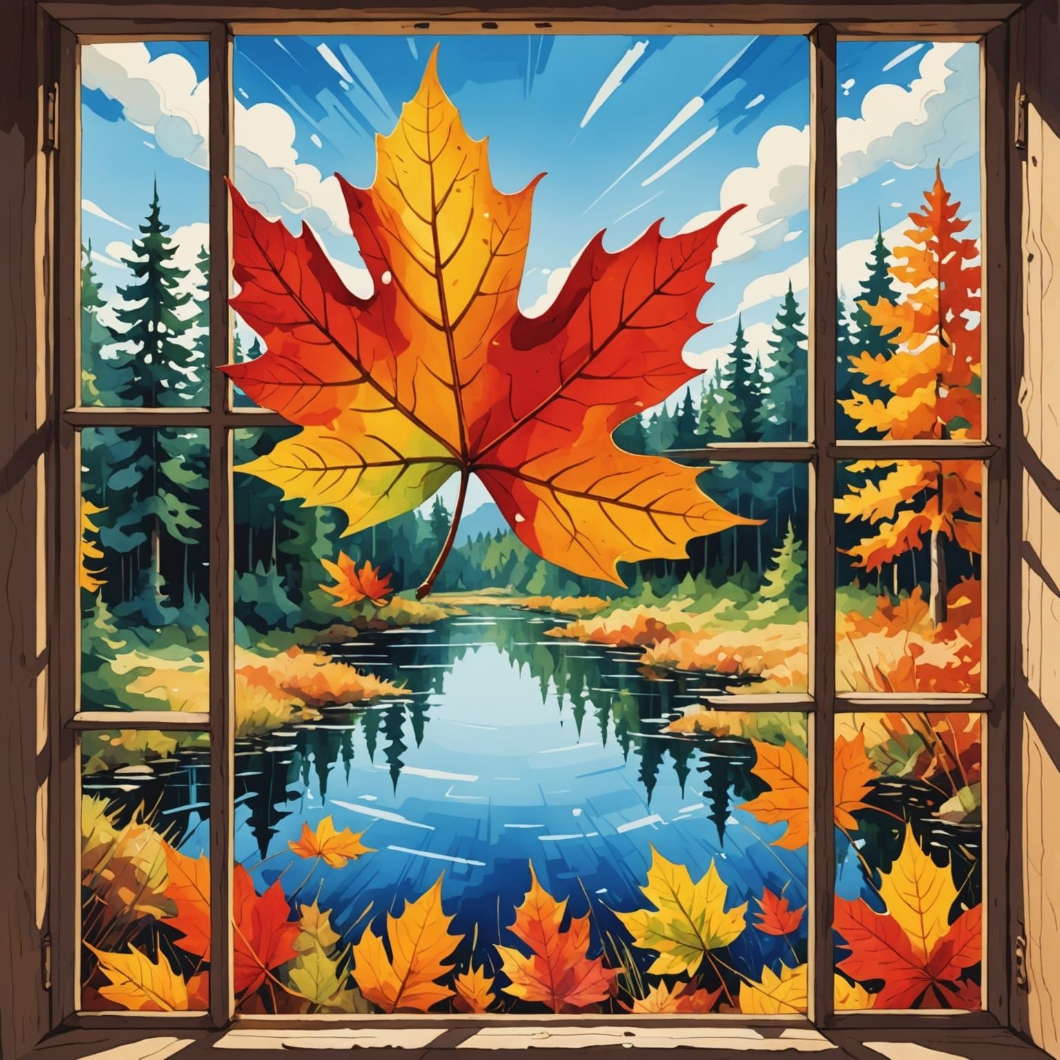 Autumn Pond Reflection in Watercolor Sfumato Style