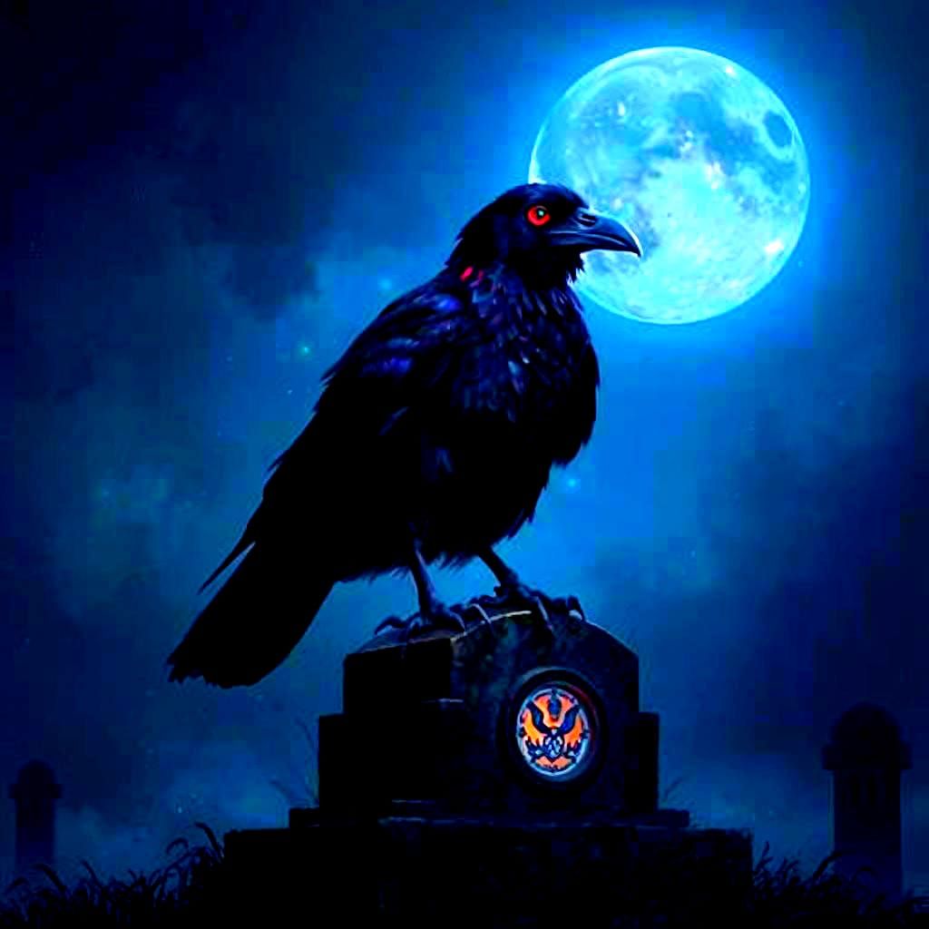 Detailed Raven on Tombstone Under Blue Moon