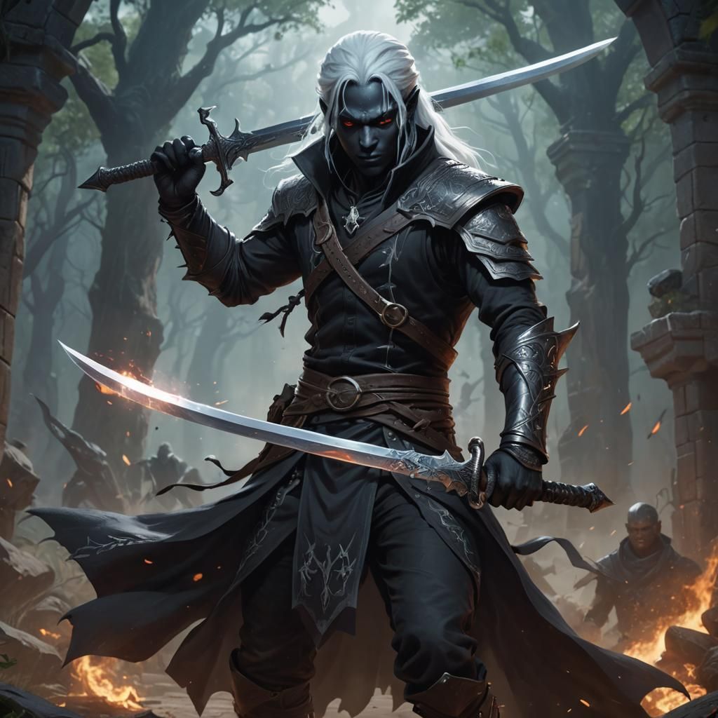 Young Drow Assassin Duel-Wielding Daggers
