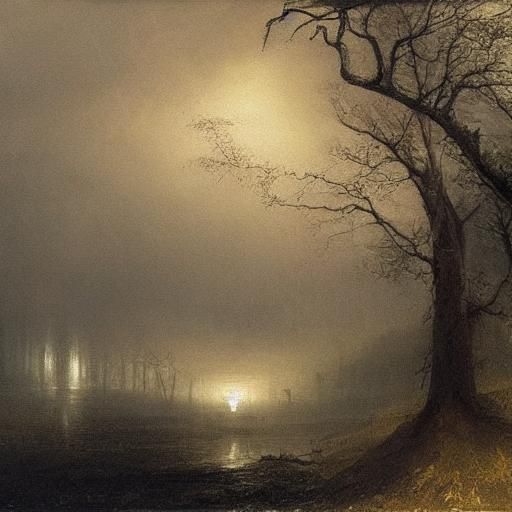 Eerie Tree Branches in Rainy Nocturne, Romantic Painting