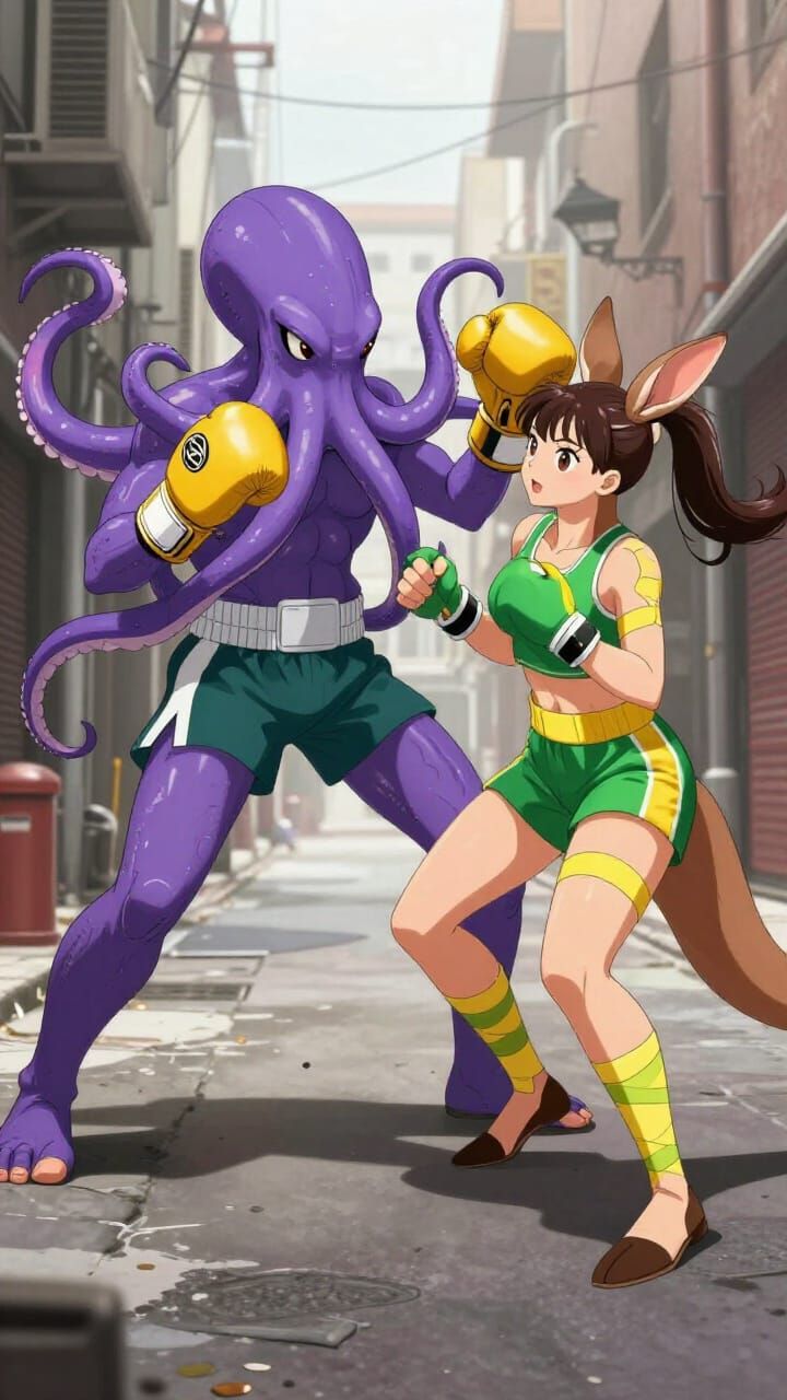 Octopus Boxer Fights Kangaroo in Anime Alley Brawl