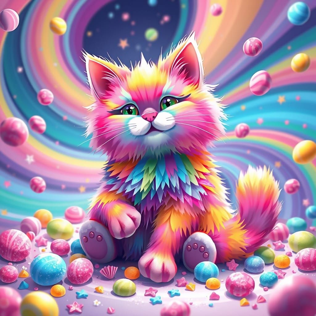 Rainbow Candy Cat in Whimsical Cartoon Style