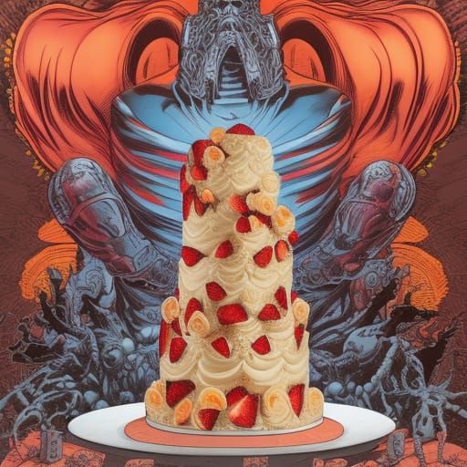Heavy Metal Wedding Strawberry Cake in Comic Art Style